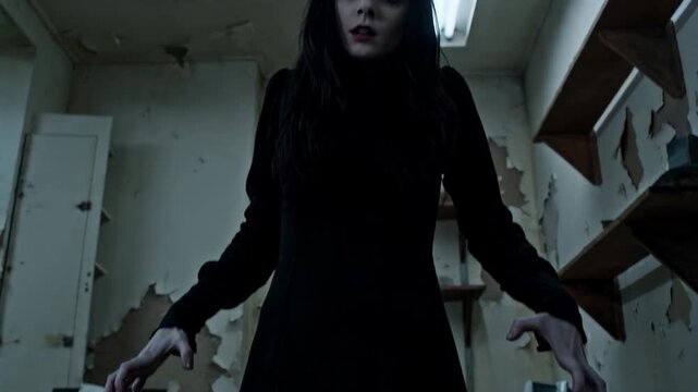 Creepy woman moving in abandoned building. Horror concept with paranormal entity twitching in dark room. Supernatural character in black dress for fear cinema