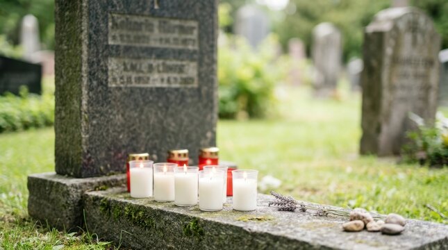Candles lit on a grave in a cemetery. Memorial candles burning on a tombstone for remembrance