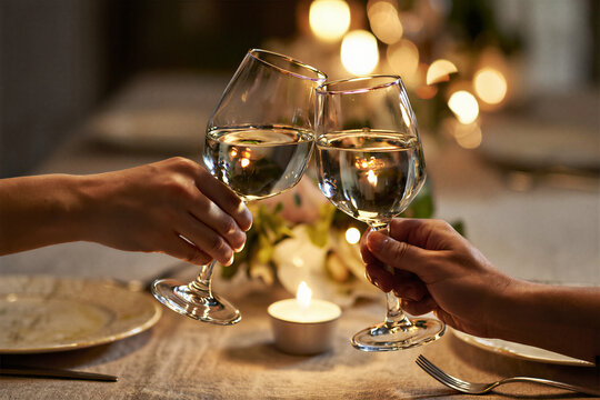 Couple clinking wine glasses at candlelit dinner table