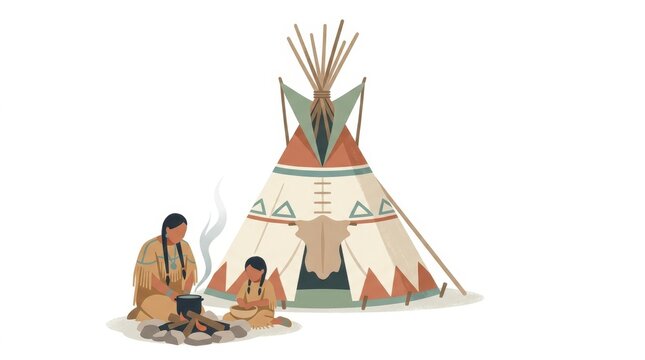 Native American teepee village illustration. Indigenous family cooking by campfire near tipi