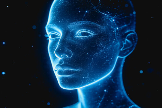 A translucent blue holographic human head and face, set against a star-filled cosmic background, representing futuristic digital consciousness.