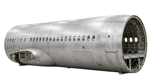 Aircraft fuselage section, a detailed view of an airplane body structure, aviation engineering and aerospace manufacturing, industrial metal construction