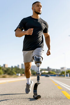 Determined athletic man with a prosthetic bionic leg running on an empty city road during a sunny outdoor training session, showcasing strength and inclusion.