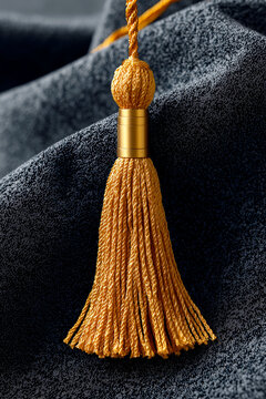 Elegant golden silk tassel with a luxury metal ring element hanging against a textured dark grey soft fabric background, macro details for premium fashion decor.