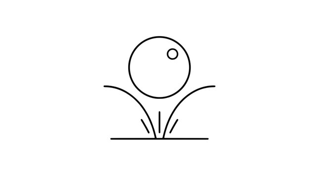 Black outline vector icon of a bouncing ball with blue highlight circle above curved motion arcs and short impact dashes on baseline drawn with medium lines in dynamic arrangement conveying energy