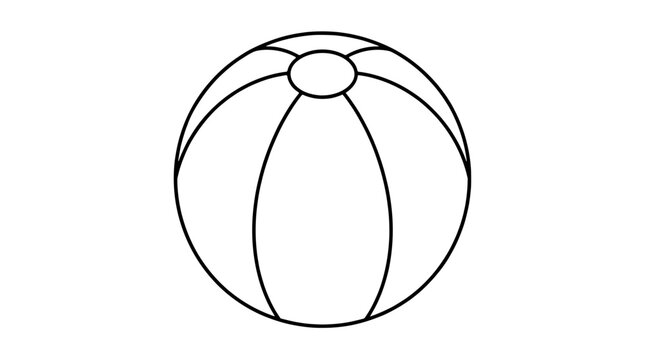 Black outline vector icon of a striped beach ball with curved vertical panels meeting a small oval valve cap on top rendered in thin lines in centered front view showing inflated spherical volume