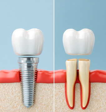 A comparative diagram showing a dental implant procedure next to a natural tooth structure inside a gum and bone cross section model on a clean light blue background.