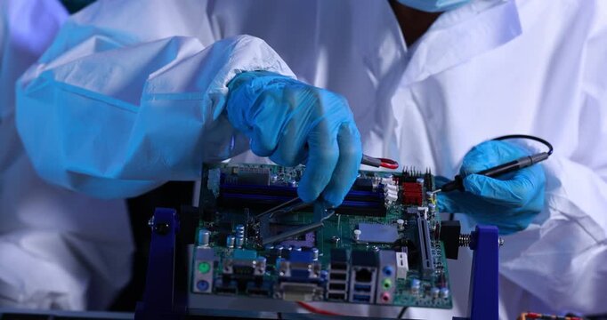 Technician in protective coveralls and blue gloves testing a computer circuit board with probes in a laboratory setting.