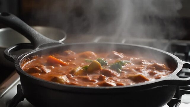 Gumbo simmering in a cast iron pot