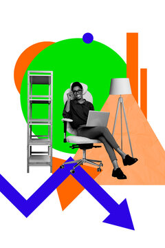 Vertical photo collage of happy businesswoman arrow decline bankrupt sit chair type laptop torchere down isolated on painted background