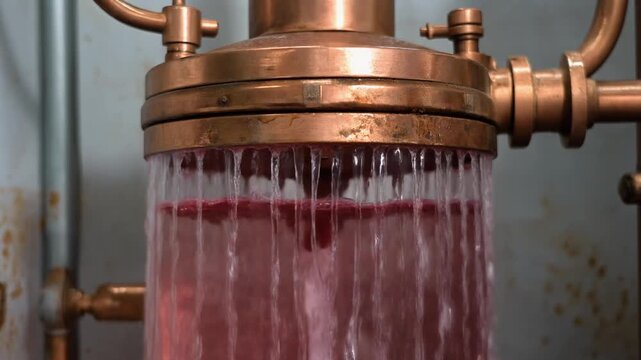 Rose water dripping from a copper still