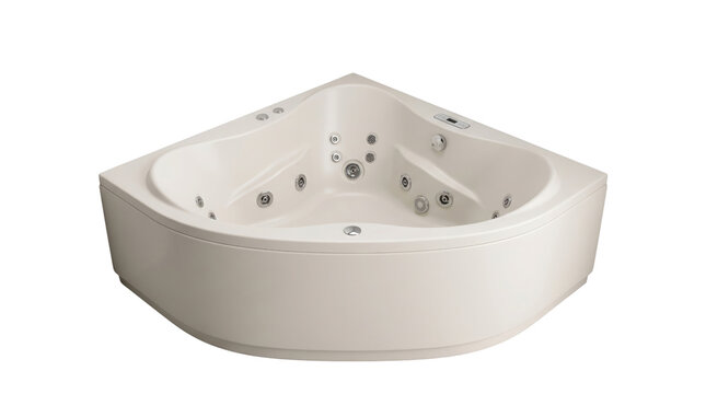 Modern corner jacuzzi bathtub, luxurious bathroom spa fixture, contemporary home interior design element, relaxing hydrotherapy bath tub for wellness and comfort
