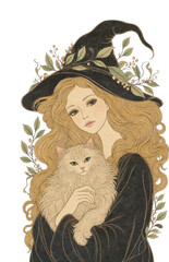 Obraz premium PNG Vintage fantasy illustration of a blonde witch girl with cat mobile wallpaper, transparent background