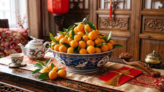 Chinese New Year Celebration with Oranges Tea Set and Red Envelope on Ornate Table