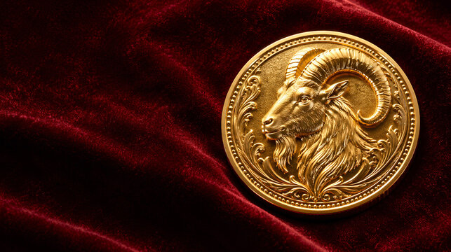 Detailed metallic gold coin with an embossed goat head on dark red velvet