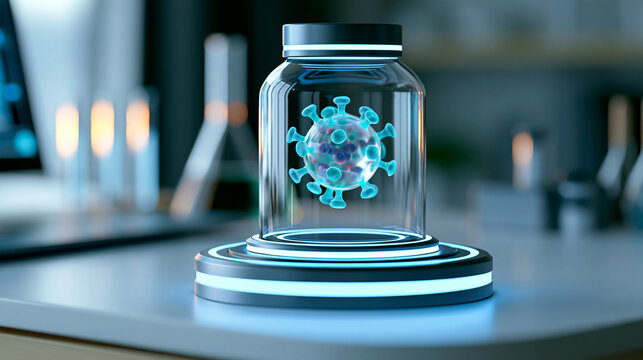 Futuristic laboratory workstation displaying a transparent virus particle model, pathogen research, infectious disease science, virology, vaccine development, laboratory
