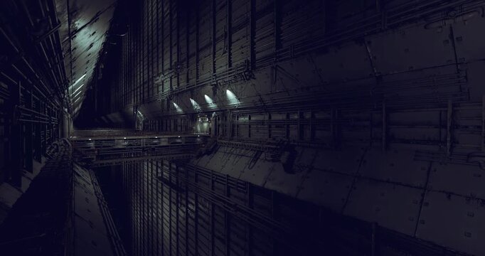 Massive riveted corridor with industrial plates and bolt patterns, dim service lights, girder framework, turbineaccess walkway, heavy metal texture, silent