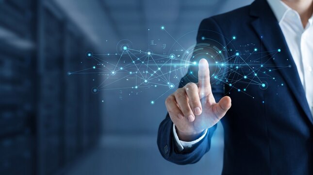 businessperson interacting with connected digital interface representing technology adoption transformation automation innovation and modern enterprise systems for advertising