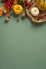 Autumn Thanksgiving flat lay with pumpkin gourd walnut acorn and woven basket on vertical green background with empty space for greetings © ActionGP