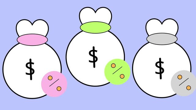 Three Bags with Dollar Sign and Percentage Icon on Blue Background