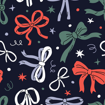 Seamless Christmas bow pattern with colorful hand drawn ribbons, stars and decorative doodles on a dark background. Flat vector design for wrapping paper, textiles and holiday stationery.