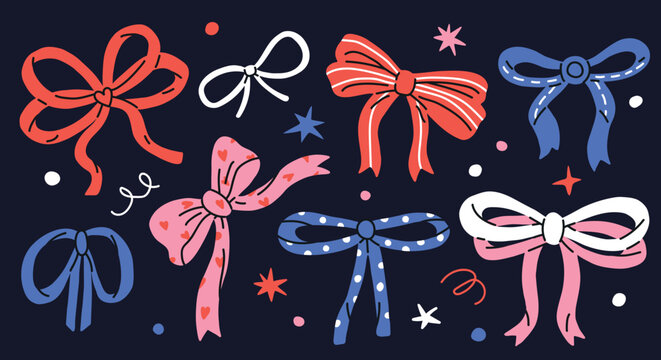 Collection of colorful hand drawn ribbon bows with different shapes and styles. Flat vector sticker elements for Christmas, gifts, packaging, fashion, stationery and festive designs.