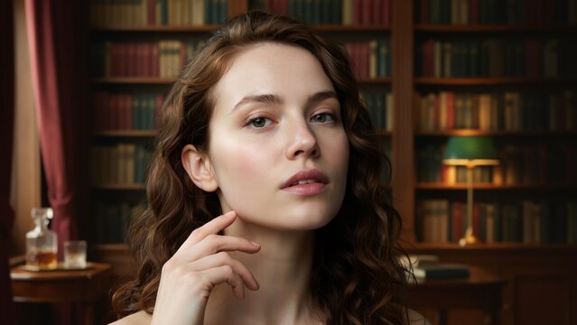 Caucasian woman with wavy brown hair touches her chin softly inside a classic library setting.