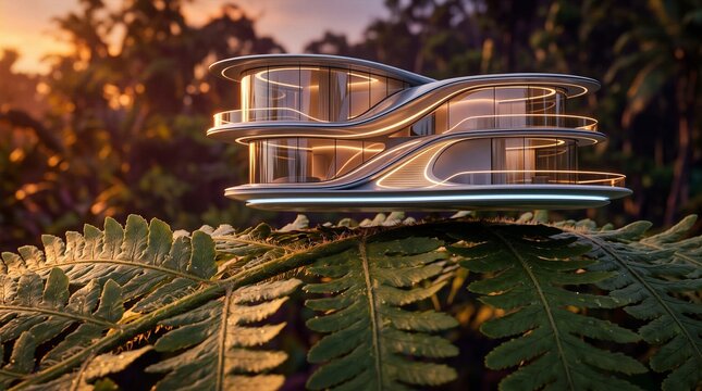 Futuristic glass pavilion with flowing curved architecture among trees. Contemporary architecture concept. Organic modern design and biomorphic form. Innovative future living