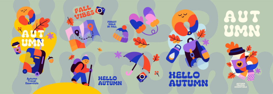 Autumn travel design collection with illustrated hikers, luggage, map, umbrella, camera and coffee cups, surrounded by falling leaves and playful seasonal lettering.