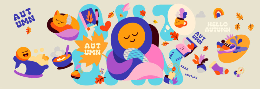 Autumn design collection shows cozy characters sleeping, reading, drinking tea, and practicing self care among leaves, hearts, candles, and seasonal lettering.