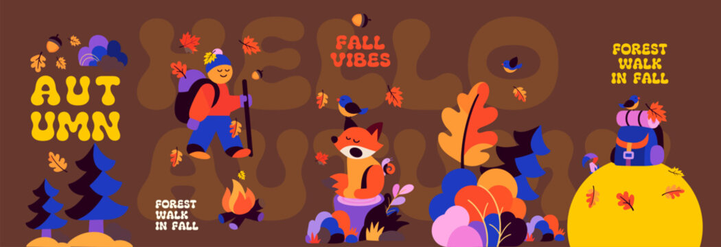 Autumn design collection features a hiker, fox, birds, woodland trees, falling leaves and a campfire, with bold seasonal lettering and organic shapes.
