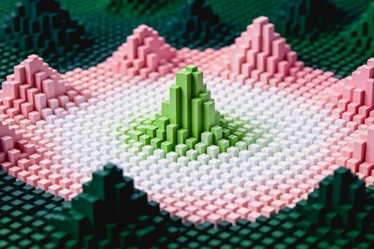A 3D pixel art landscape model made of small colored blocks forming mountain peaks and terrain.