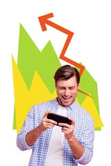 Composite 3D photo collage design trend sketch of strategy arrow up progress goal aspiration young guy play game joystick tool gamepad © deagreez