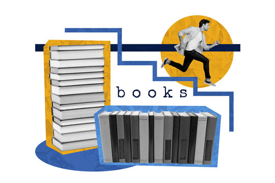 Composite photo collage of serious man run bookshop discount sale bookworm hobby library education student isolated on painted background