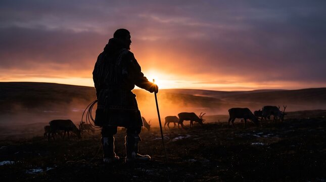 Silhouette of herder with reindeer against a bright orange sunset in a snowy winter landscape