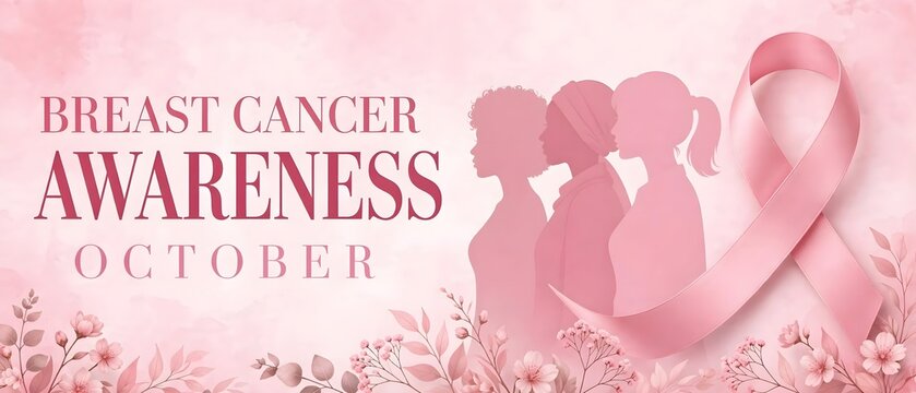 .Breast Cancer Awareness Month October banner. Pink ribbon with women silhouettes, soft flowers, and typography on a pink background.