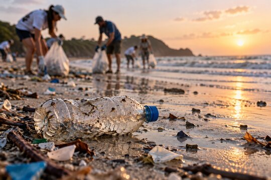 Volunteers Cleaning Polluted Beach
