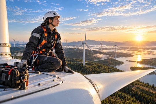 Technician and Light Among Wind Turbines