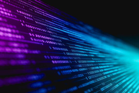 A futuristic abstract digital artwork showing glowing neon data streams in purple and cyan tones, representing modern technology and information flow.