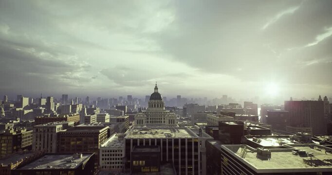 city skyline at optimistic sunrise with radiant sun rays breaking horizon, warm illumination across rooftops and towers, hopeful tone ideal for startup,
