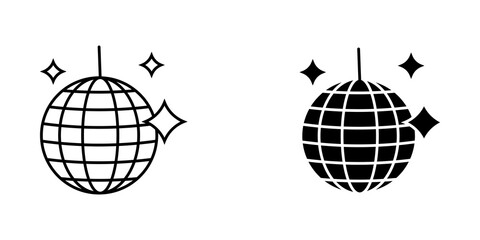 Black and white disco ball icons with sparkle stars for party and music design elements © Game
