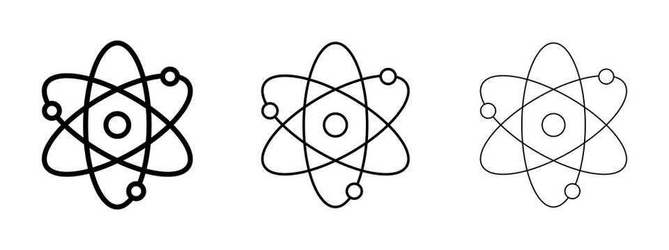 Set of three black atom icons with different line weights for science and education design
