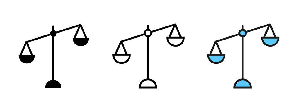 Set of three simple law scale icons with different fill styles for legal and justice concepts