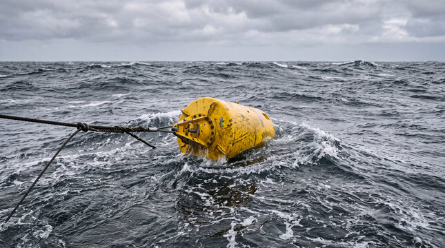 Compact wave-energy buoy and mooring line in choppy sea