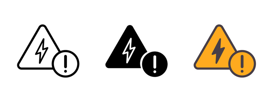 Set of high voltage warning signs with lightning bolt and exclamation mark alert icons