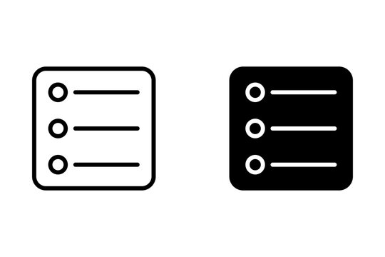 Black and white list menu icon set with bullet points and lines for web and mobile interface