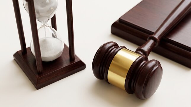Wooden judge gavel and hourglass on white background, concept of legal law limitation and justice system