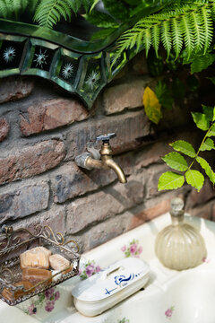 Ceramic outdoor sink with vintage faucet mounted on wall and mirror surrounded by plants and ferns. antique brass water tap with washbasin and soap bars lying on ceramic border, rustic house setting.