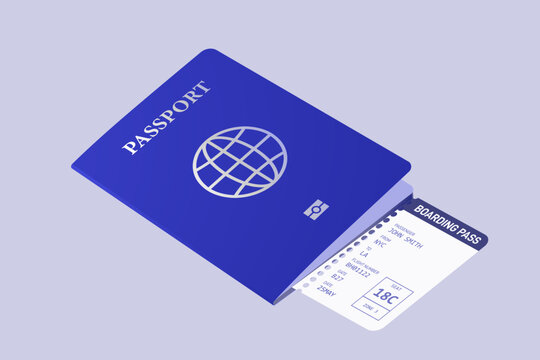 Passport with Plane Ticket Inside, Angled View, Travel Vector Illustration