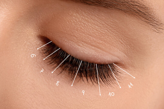 Woman with lash mapping, closeup. Eyelash extensions